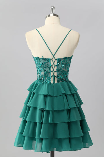 Dark Green A Line Sequins Tiered Homecoming Dress with Appliques